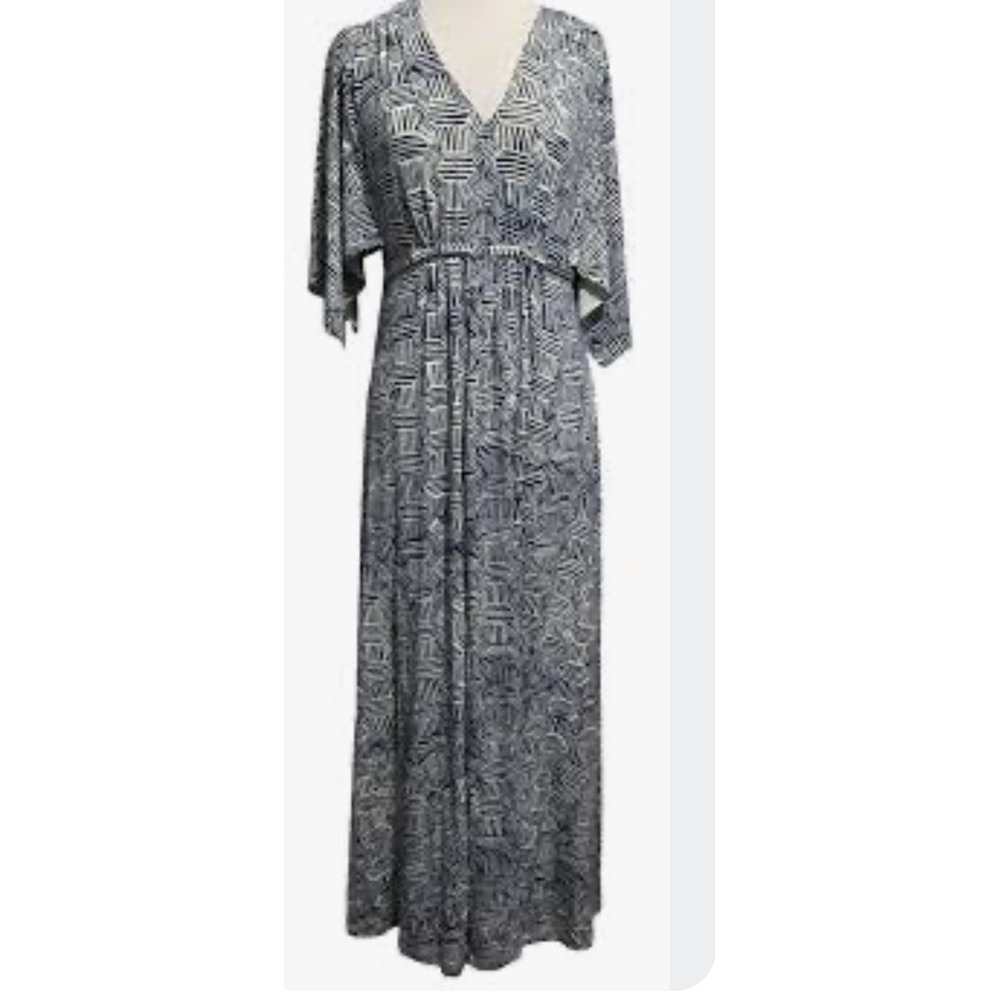 Chicos 2 Maxi Dress L Blue White Shark Kimono Geo Print Jersey Knit Slit V-Neck